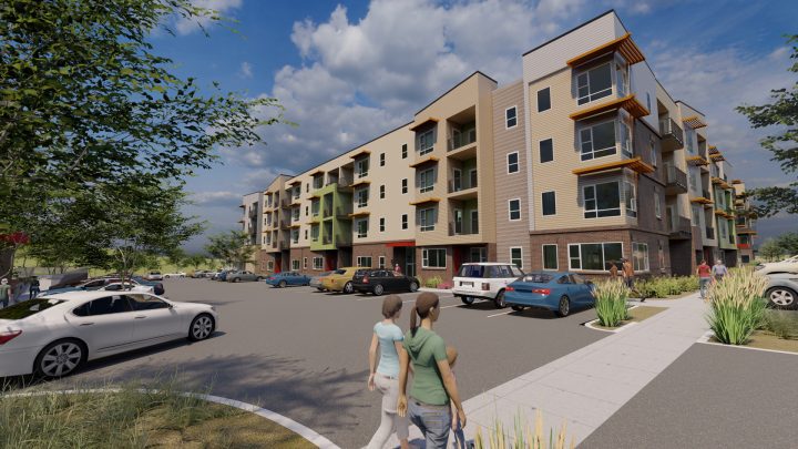 Crossing Pointe South, Colorado affordable housing, parking-side facade rendering — VMWP