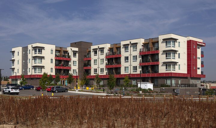 Crossing Point North, Colorado affordable housing, residential courtyard facade — VMWP