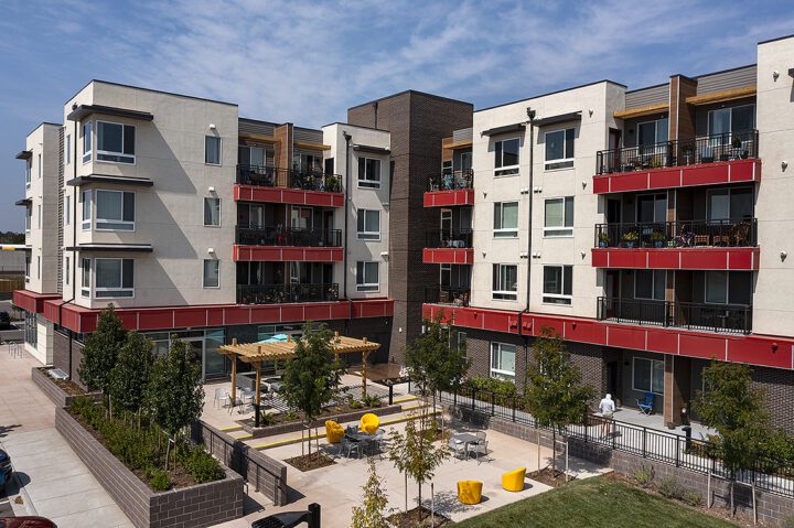Crossing Point North, Colorado affordable housing, landscaped residential courtyard — VMWP