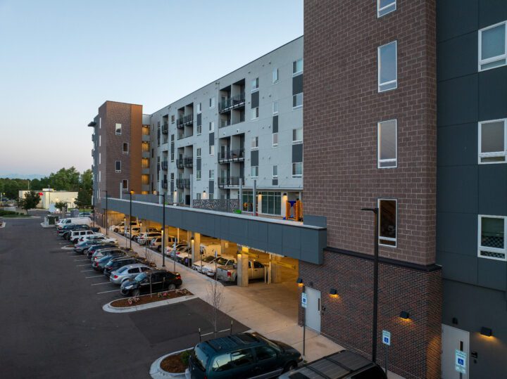 Affordable Housing Atop Mixed-Use Community Montbello FreshLo Hub Denver parking — Image: Matt Staver