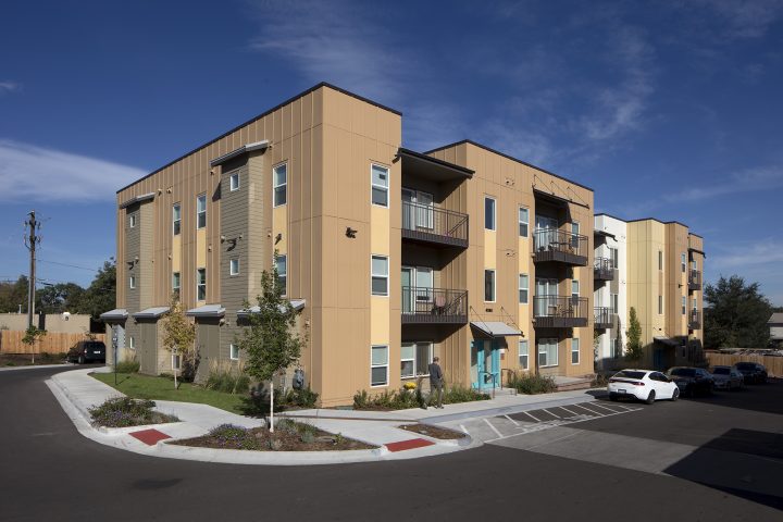Del Corazon, affordable housing, residential corner facade — VMWP
