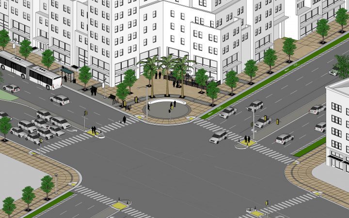 El Camino Real Precise Plan, affordable housing architect San Francisco, intersection plaza rendering — VMWP