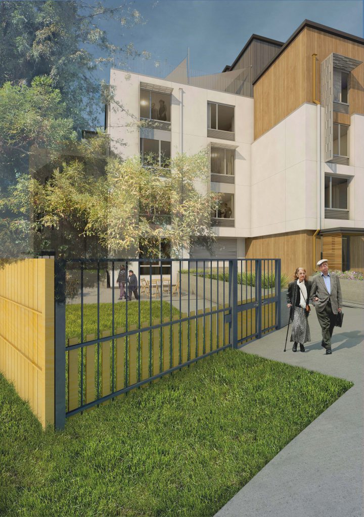 Eagle Park, veterans affordable housing, fenced courtyard rendering — VMWP