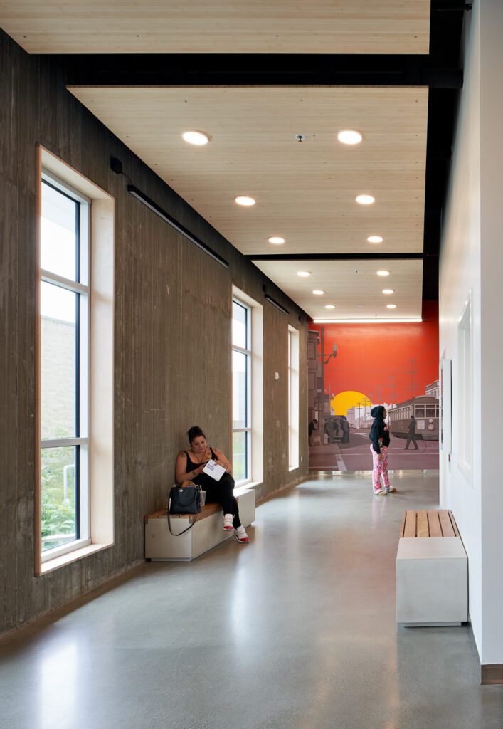 entry lobby, 4840 Mission Street, Excelsior Housing, Islais Place, VMWP San Francisco Affordable Housing architect — Photography: Keith Baker