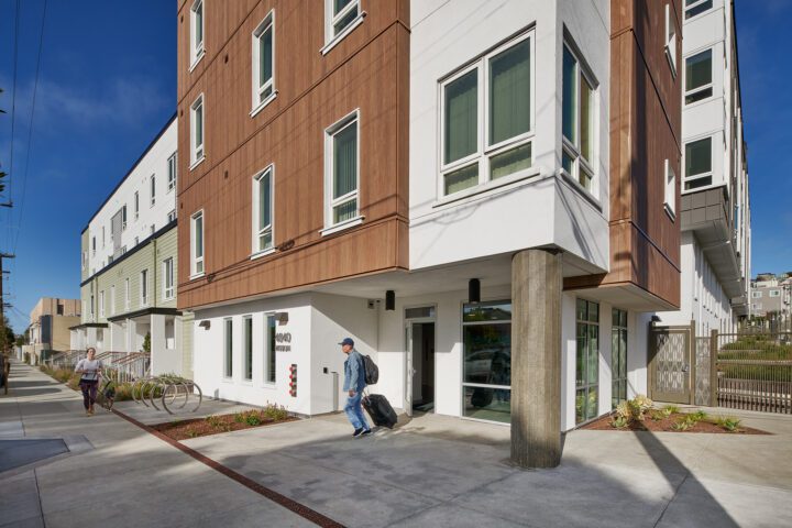 Corner building entrance, Islais Place, VMWP San Francisco Affordable Housing architect — Photography: Keith Baker