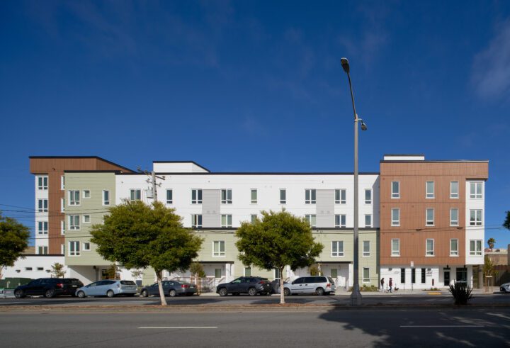 street view, tree lined, Islais Place, VMWP San Francisco Affordable Housing architect — Photography: Keith Baker