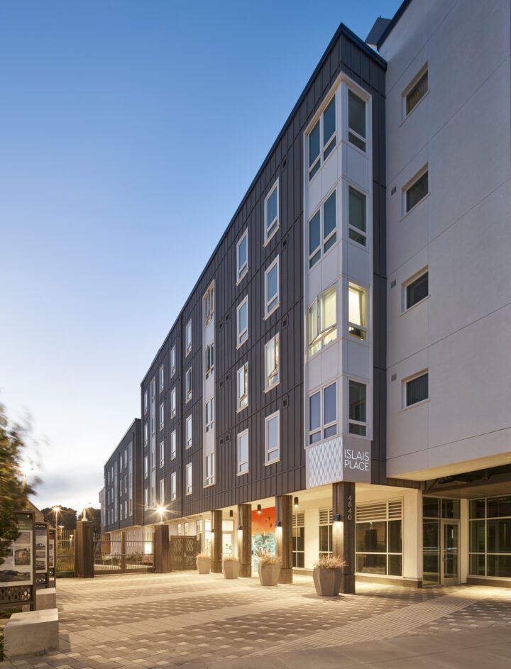 Night shot, evening paseo, Islais Place, VMWP San Francisco Affordable Housing architect — Photography: Keith Baker