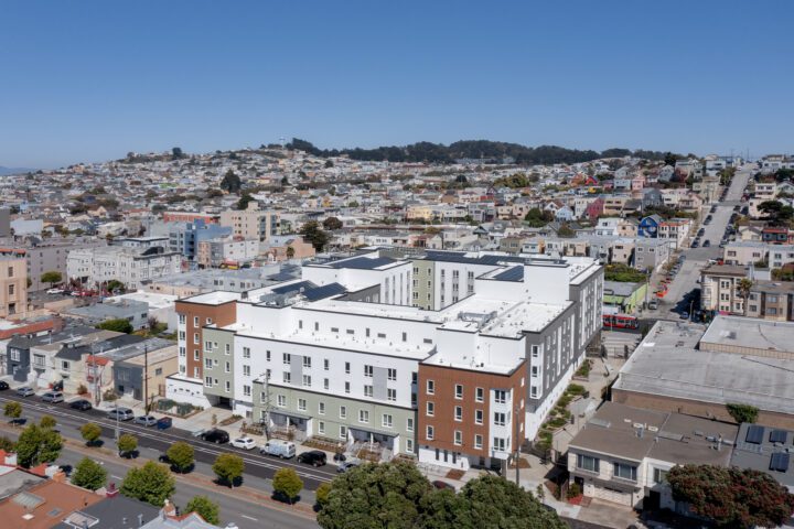 Change in grade, France Street, Aerial shot, 4840 Mission Street, Affordable Family Housing, Islais Place,, VMWP San Francisco Affordable Housing architect — Photography: Keith Baker