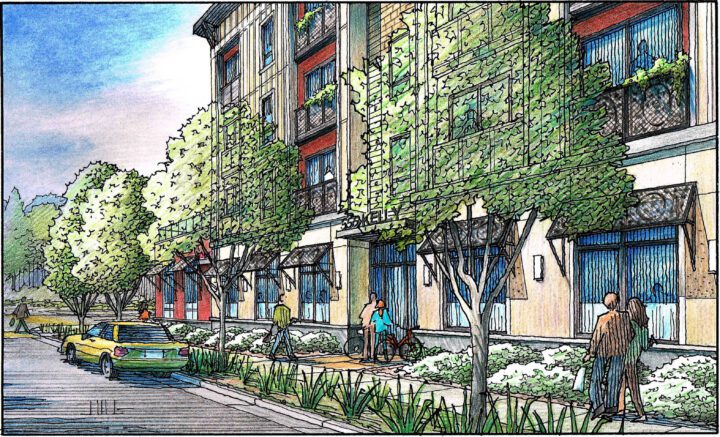Farmworker-Housing-VMWP-555_Kelly-Half_Moon_Bay-pedestrian_experience — Image: finearchitecturalillustration.com