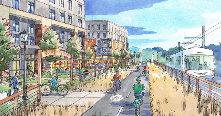 VMWP Shady Oak Station Area Development Strategy Update, Urban Design Minnesota, Bike Path — Image: finearchitecturalillustration.com
