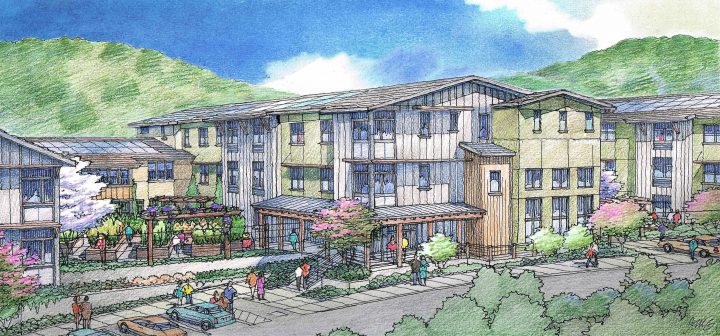 Victory Village, senior housing, entrance facade rendering — VMWP