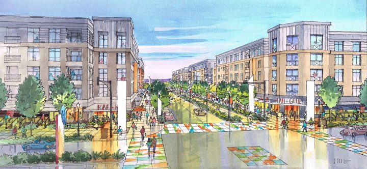 VMWP Shady Oak Station Area Development Strategy Update, Urban Design Minnesota, Excelsior Aerial — Image: finearchitecturalillustration.com