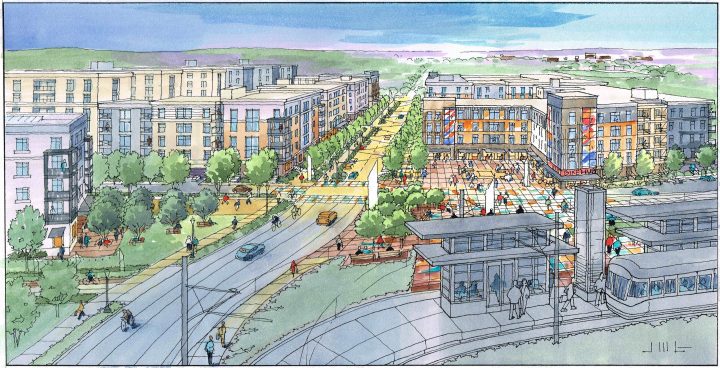 VMWP Shady Oak Station Area Development Strategy Update, Urban Design Minnesota, train aerial — Image: finearchitecturalillustration.com