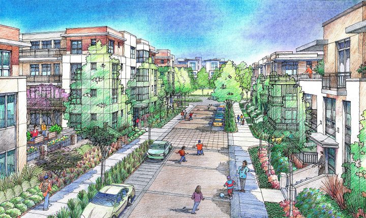 VMWP-Warm_Springs-Metro_Crossing-Urban_Design-TOD_Master_Plan-pedestrian shared street — Image: finearchitecturalillustration.com
