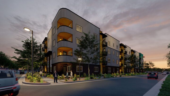 rendering of JOLIET NORTH CORNER DUSK infill housing development