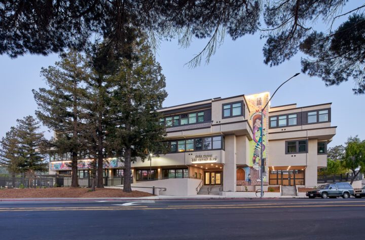 VMWP adaptive reuse, office conversion, Casa Canal, dusk shot with mural — Photo Credit: Keith Baker