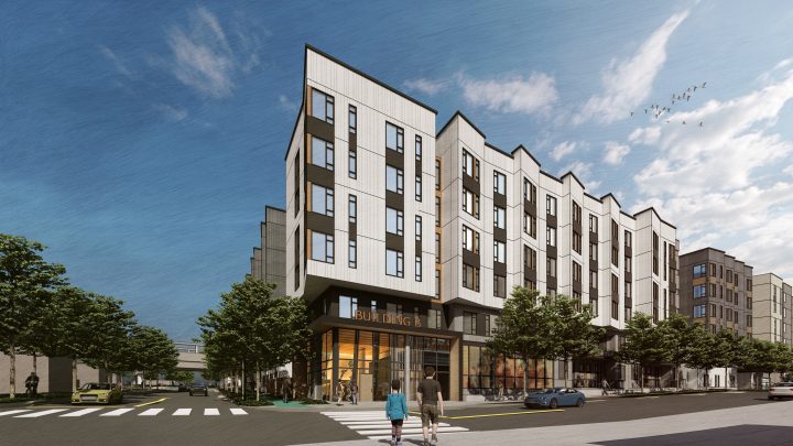 TOD Housing at El Cerrito BART corner evening rendering — Image: VMWP