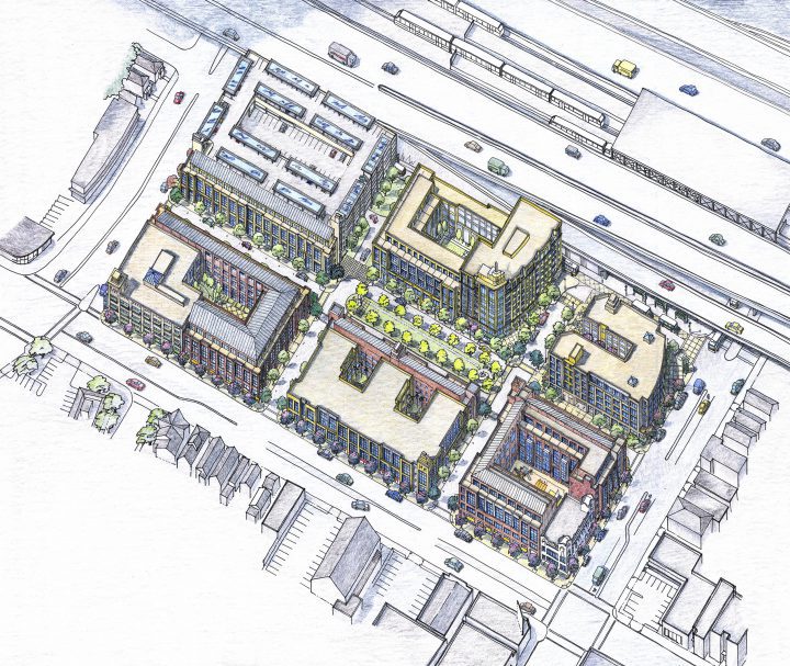 MacArthur BART Transit Village Master Plan birdseye — Image: VMWP