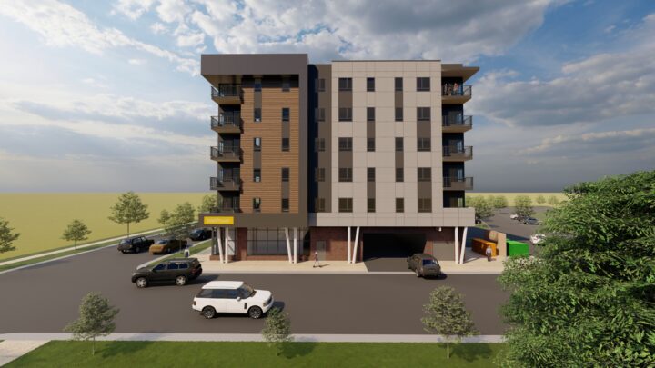 Affordable Housing Atop Mixed-Use Community Montbello FreshLo Hub Denver corner from street