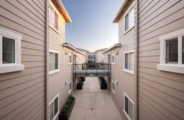 VMWP Nugent Square affordable housing apartment renovation exterior path apartments — Image: Vantage Point Photography
