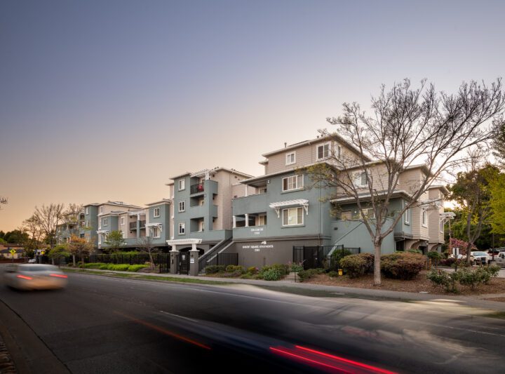 VMWP Nugent Square affordable housing apartment renovation street view dusk — Image: Vantage Point Photography