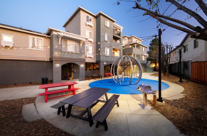 VMWP Nugent Square affordable housing apartment renovation playground benches — Image: Vantage Point Photography