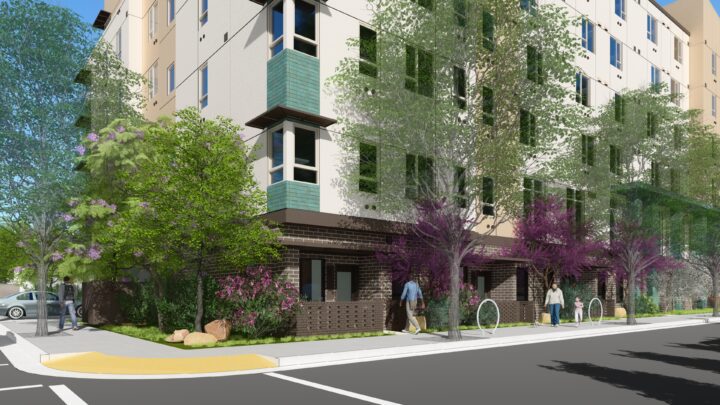 Monarch at Redwood, North Fair Oaks Apartments Infill Affordable Housing PEDESTRIAN EXPERIENCE — Image: VMWP