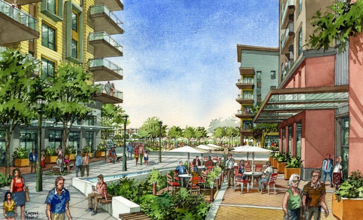 Cisco Village Vision Plan, urban design, waterfront plaza rendering — VMWP