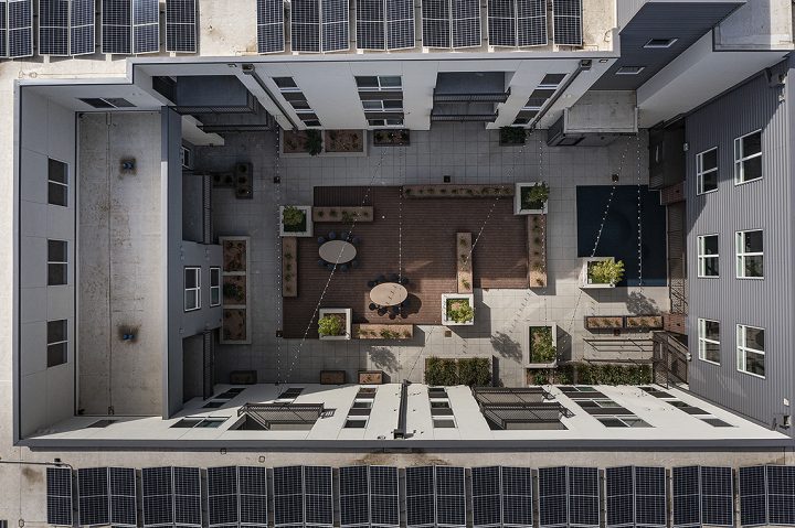3210 Shoshone, affordable housing architect, courtyard aerial view — VMWP