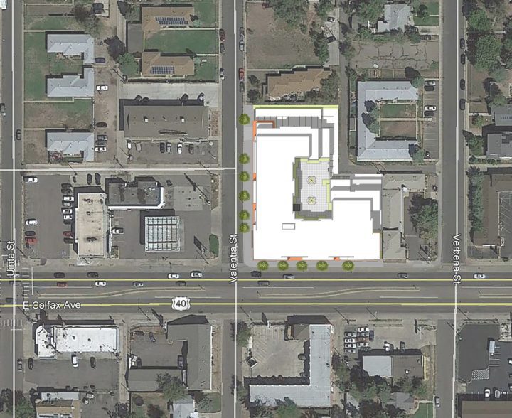 mixed-use housing the rose on colfax rendering aerial site plan