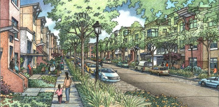 San Francisco Master Plan, Sunnydale HOPE, tree lined street SF, — Artwork: Jeffrey Michael George