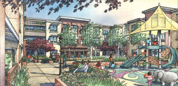 San Francisco Master Plan, Sunnydale HOPE SF, courtyard community — Artwork: Jeffrey Michael George