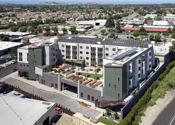 Timber Senior Apartments, affordable senior housing, Newark, California, aerial — Image: © Ken Gutmaker