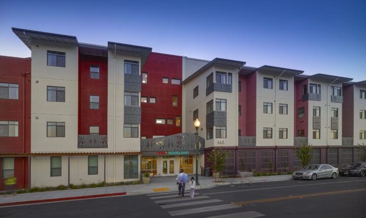 MidPen's Casa Roseland , VMWP affordable housing architect, main building entry and sundeck — Image: Ken Gutmaker
