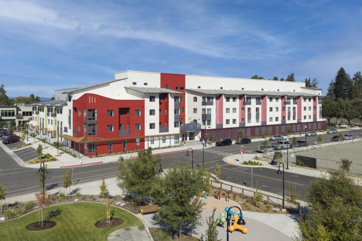 MidPen's Casa Roseland , VMWP affordable housing architect, aerial view exterior — Image: Ken Gutmaker