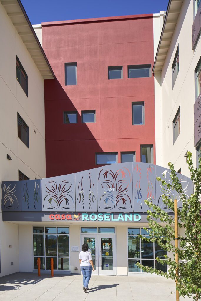 MidPen's Casa Roseland , VMWP affordable housing architect, main building entry — Image: Ken Gutmaker