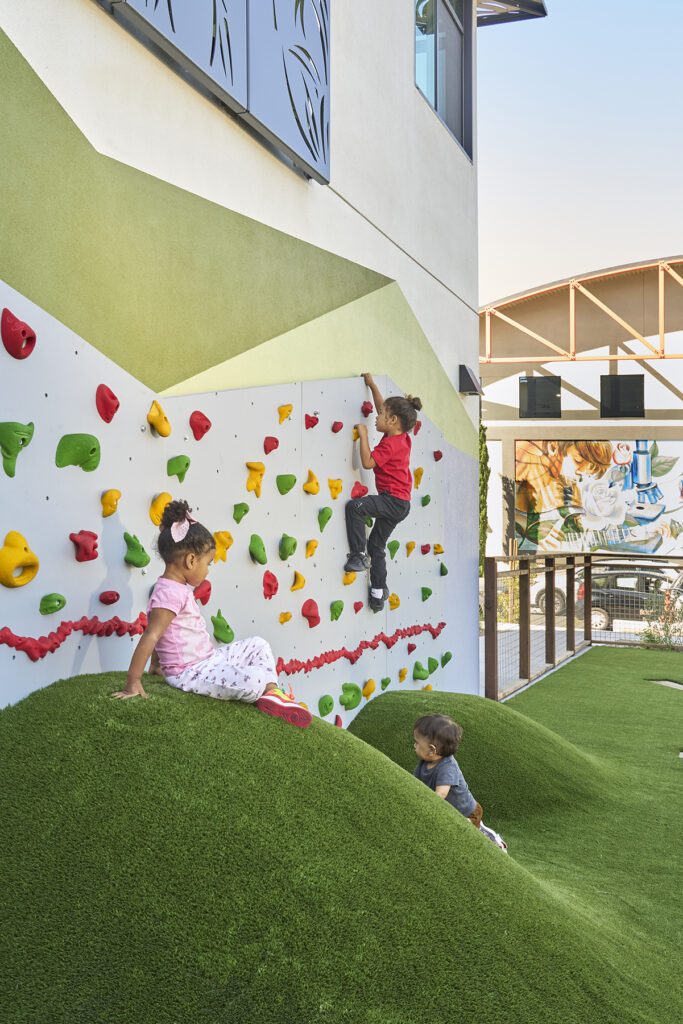 MidPen's Casa Roseland , VMWP affordable housing architect, climbing wall play area — Image: Ken Gutmaker