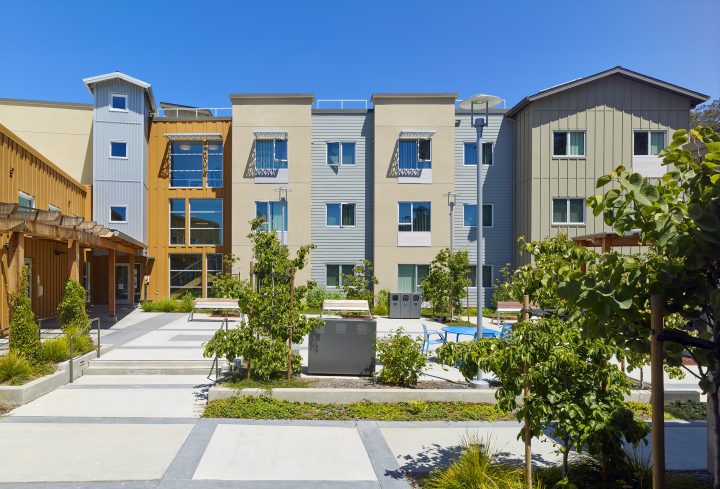 Veterans Village, veterans affordable housing, courtyard residential facade — VMWP