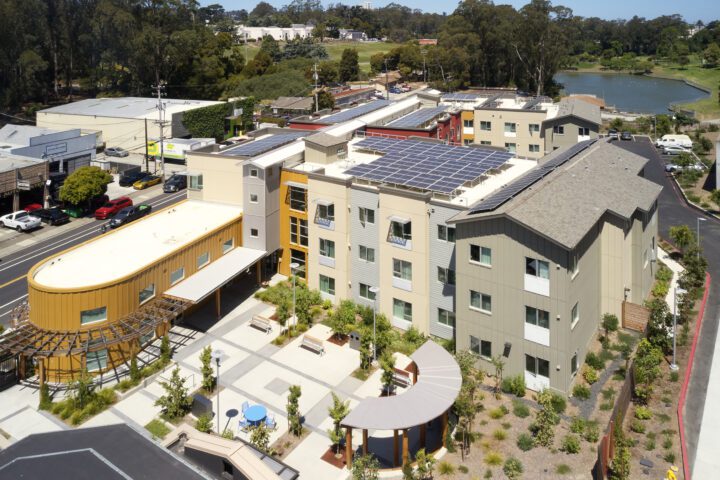 Veterans Village, veterans affordable housing, courtyard aerial view — VMWP