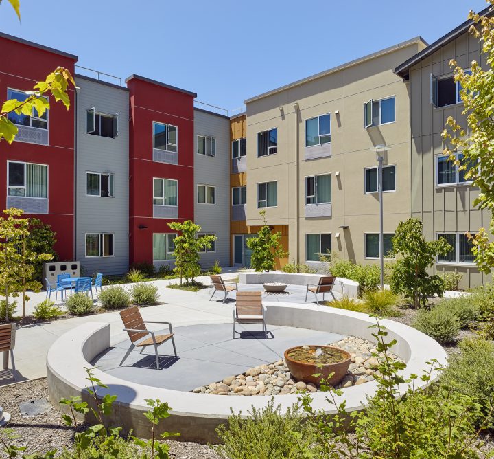 Veterans Village, veterans affordable housing, circular courtyard seating — VMWP