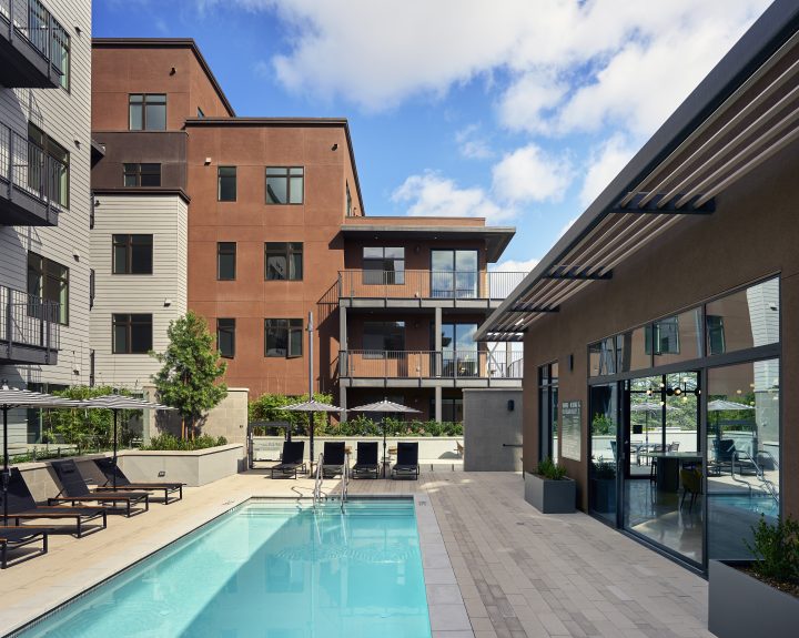 transit oriented condominiums Vantage at The Station condos pool view — Image: Ken Gutmaker