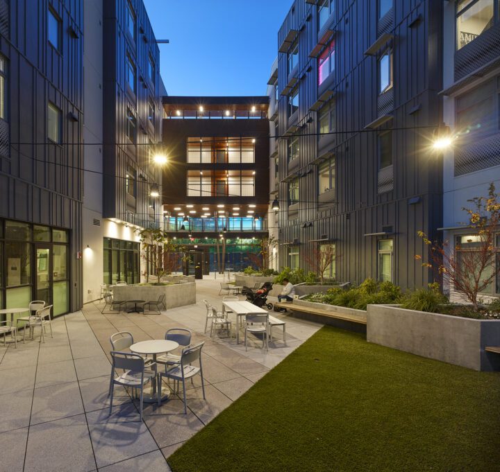 VMWP, Vitalia, Bascom, Affordable Housing, Health Wellness Design, evening courtyard — Photography: Ken Gutmaker
