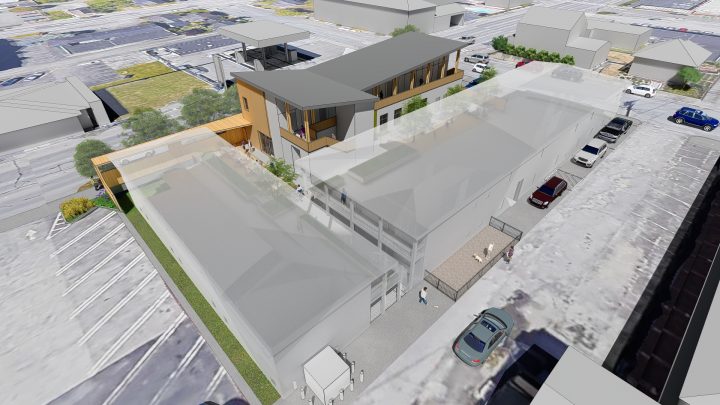 Mother Bernard House, motel conversion, aerial site rendering — VMWP