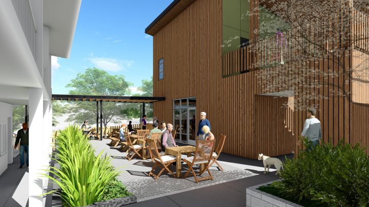 Mother Bernard House, motel conversion, courtyard seating rendering — VMWP