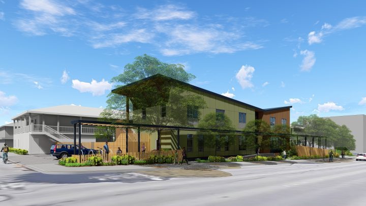Mother Bernard House, motel conversion, landscaped street frontage rendering — VMWP