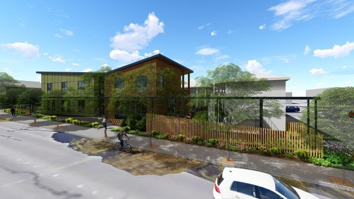 Mother Bernard House, motel conversion, landscaped corner rendering — VMWP