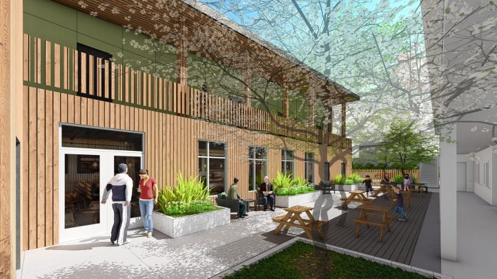Mother Bernard House, motel conversion, covered patio rendering — VMWP
