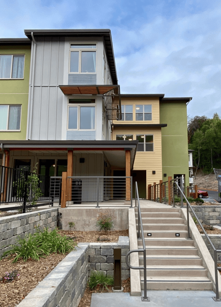 Victory Village, senior housing, main entrance stairs — VMWP