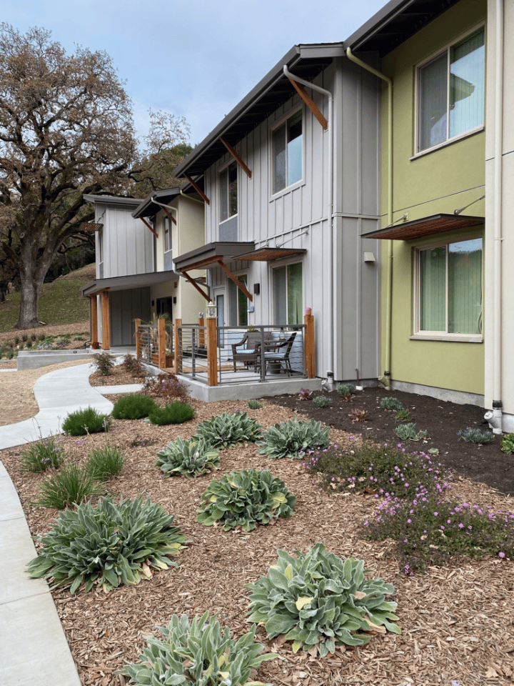 Victory Village, senior housing, landscaped residential walkway — VMWP